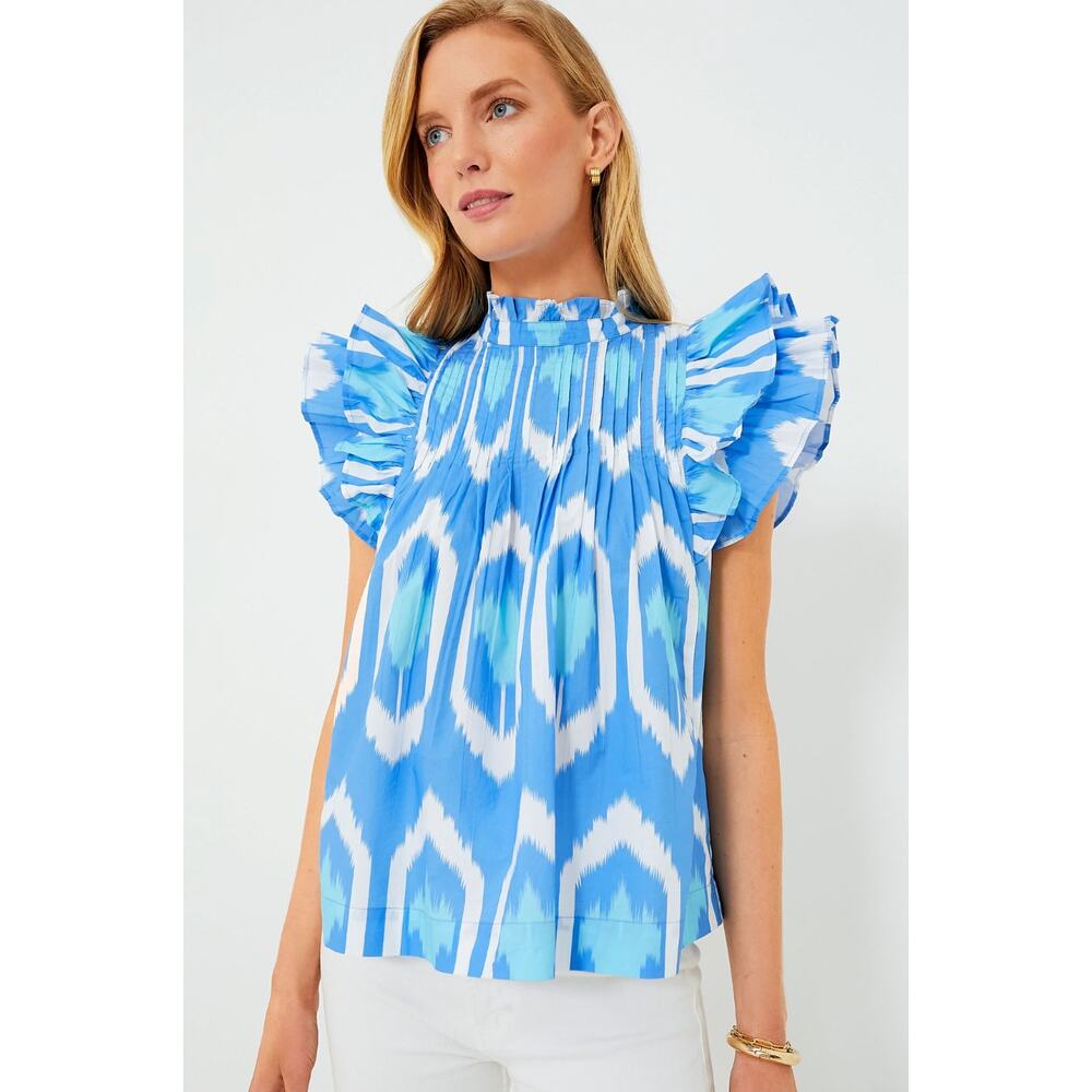 OLIPHANT Tuckernuck Pintuck Ruffle Button Blouse Top Blue Odisha Print L